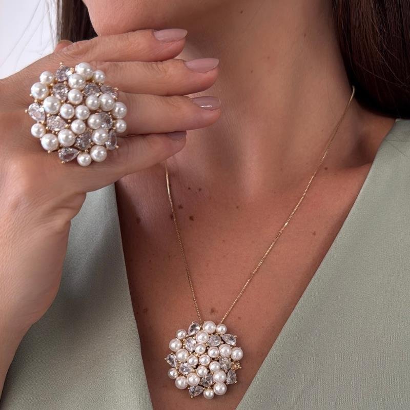 CONJUNTO ANEL TAMANHO 20 ZIRCONIA COM PEROLA