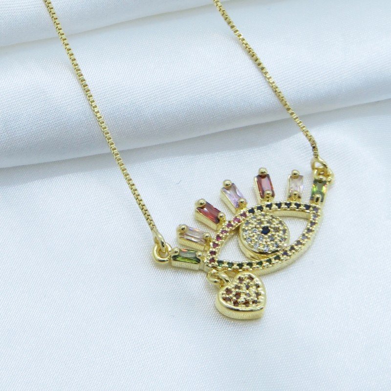 GARGANTILHA OLHO C/ ZIRCONIA COLORIDA E CORACAO PENDURADO