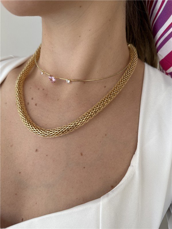 GARGANTILHA ARO FIO LISO C/ CORACAO DE ZIRCONIA CRISTAL