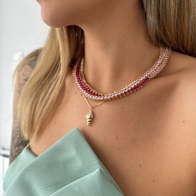 GARGANTILHA BICOLOR FOLHEADO A OURO COM ZIRCÔNIAS